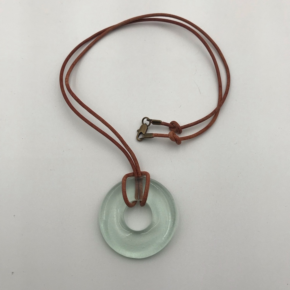 Handmade Light Aqua Glass Donut Pendant Necklace with Brown Leather Cord